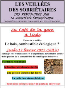 Veillée Sobriétaire - Le bois, combustible écologique ? @ Le P'tit Lieslois (Café de la Gare)